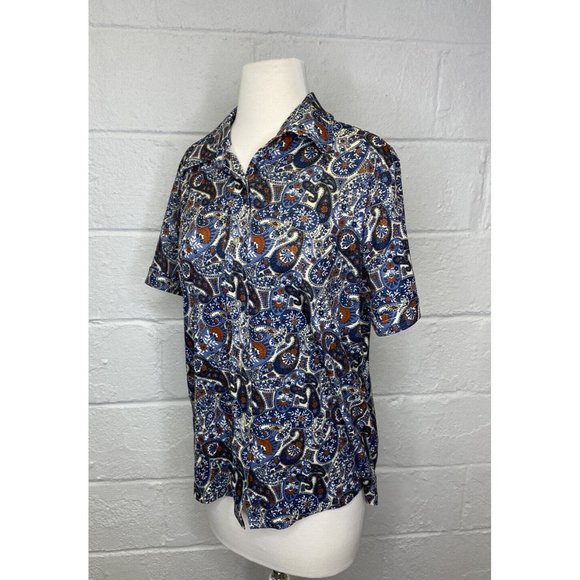 VTG 1970s Sears Disco Paisley Shirt Large 20 Women Polyester Perma Prest Blue - Picture 2 of 10
